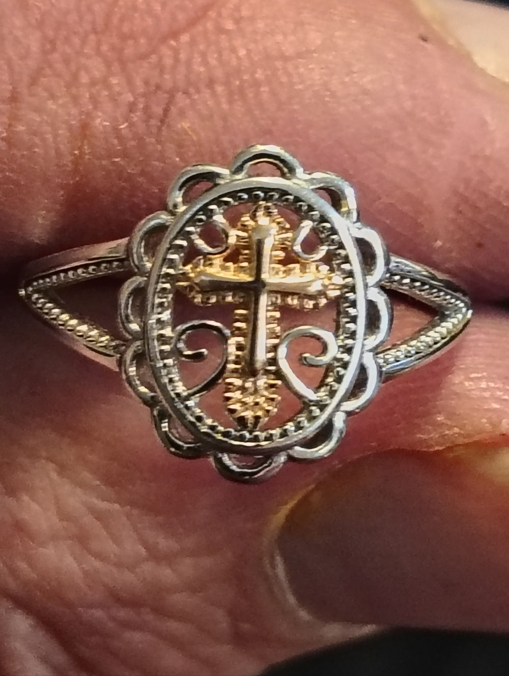 Two-Tone Cross Filigree Ring - Sterling Silver and Gold Over Sterling Accent